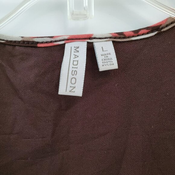 Madison Sleeveless Print Blouse, size L, Brown & Pink, Multi-Tiered Front, Lined - Picture 2 of 4
